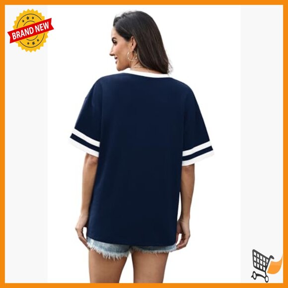 Loose Fit V-Neck Short Sleeve Tee, Color Block Summer Top, OEKO-TEX Certified - Picture 5 of 7